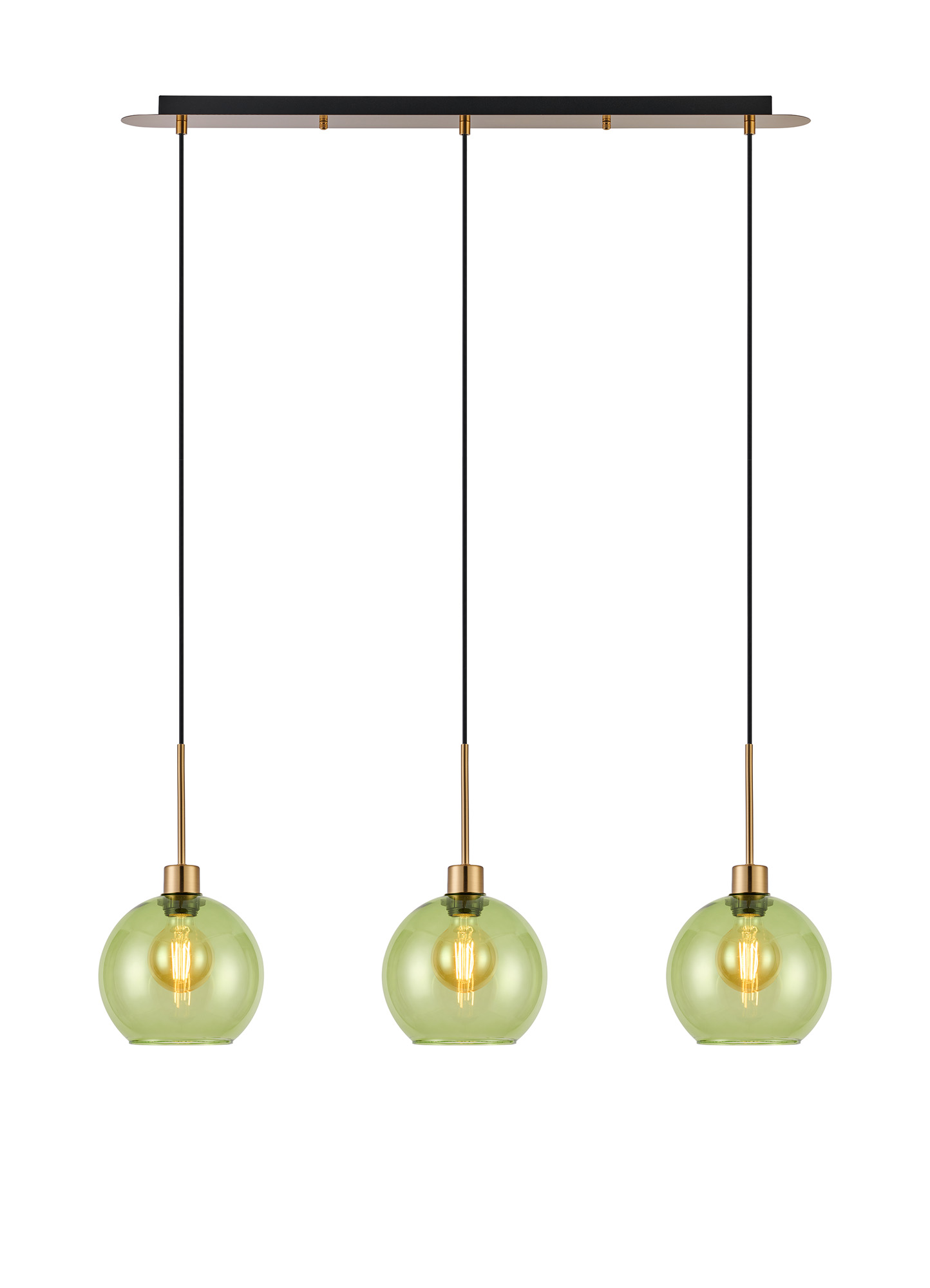 DK1210  Lori Linear Pendant, 3 Light Adjustable E27, Antique Gold/Green Open Mouth Round Globe Shades